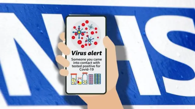 A graphic of a coronavirus app with an NHS backdrop