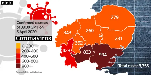 Map showing BBC East region confirmed coronavirus cases as of 0900 on Sunday 5 April 2020