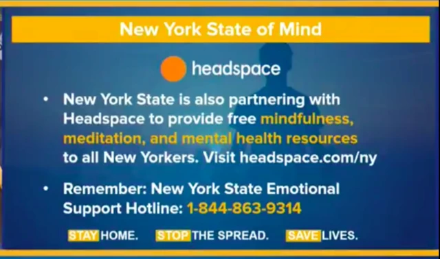 Slide from Andrew Cuomo's briefing showing Headspace resources, and the New York State emotional support hotline: 1-844-863-9314