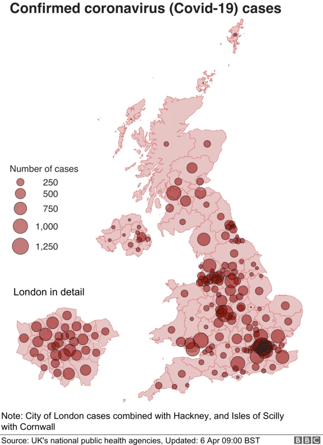 A map of the UK showing where coronavirus cases have been recorded