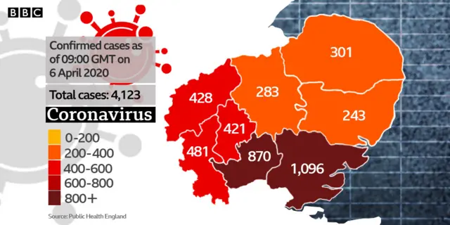 Map showing confirmed coronavirus cases in the East of England