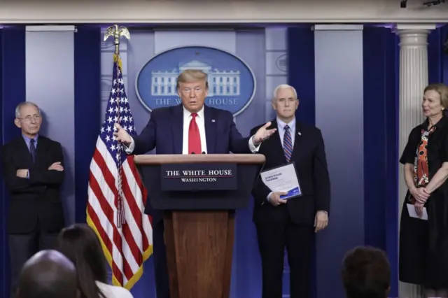 Dr Anthony Fauci, President Donald Trump, Vice President Mike Pence, and Dr Deborah Birx at the 26 March briefing