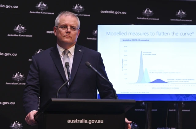 Prime Minister Scott Morrison showing coronavirus modelling at a press conference