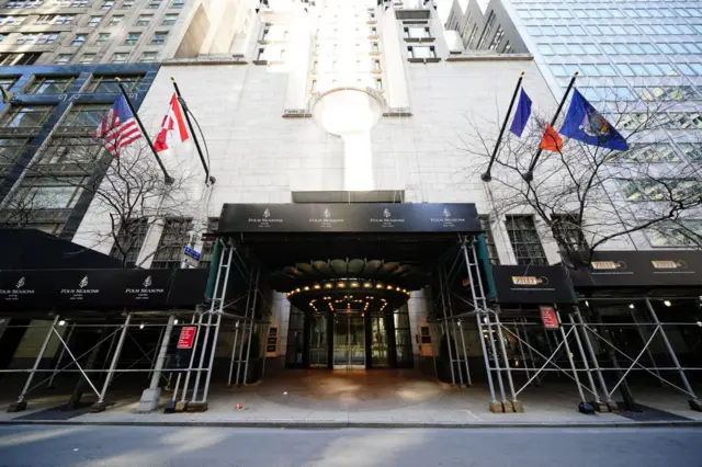 A view of Four Seasons Hotel in Manhattan amid the coronavirus outbreak on March 26, 2020 in New York City