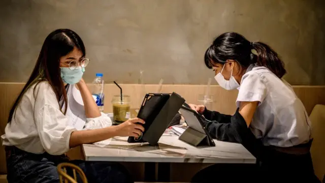 Young women wearing face masks