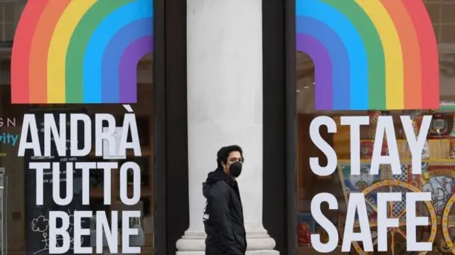 Stay safe picture with rainbows outside shop