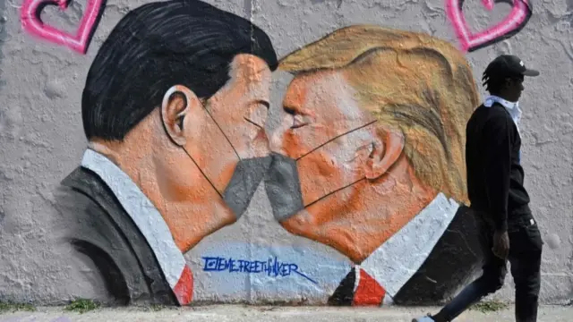 Mural of face masked Xi Jinping and Donald Trump