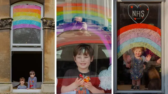 Composite of three different windows with children standing with rainbows