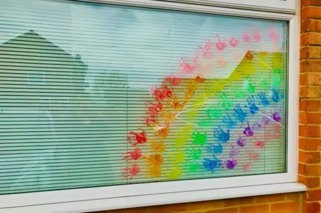 A rainbow created in a window by children in Cleadon