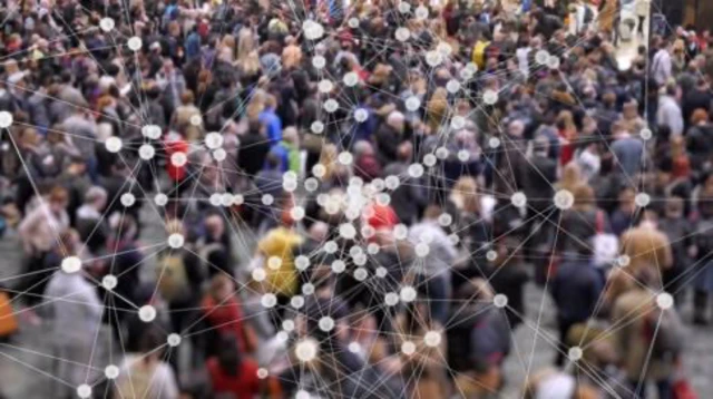 A crowd of people connected by lines and dots