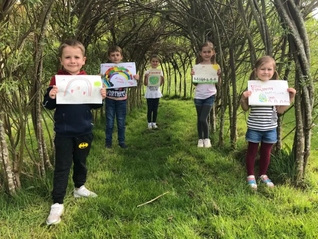 Tanfield Lea Community Primary School pupils Luke , Jakob,  Amelia, Izzy and Emilie  with their friendship tree messages.