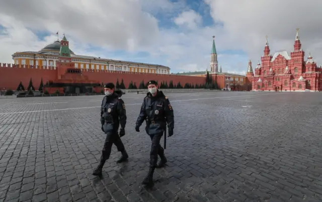 Russian police on patrol on the Red Square in Moscow. Photo: April 2020