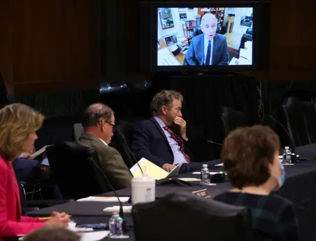 Rand Paul (closest to the TV) and other US senators listen to Dr Anthony Fauci sp eaks to them via a videolink. Photo: 11 May 2020