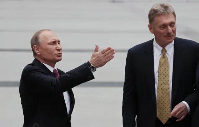 Russian President Vladimir Putin (left) and Dmitry Peskov (right)