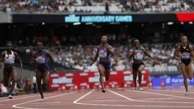 Jamaica's Shelly-Ann Fraser-Pryce (centre) wins the women's 100m at the 2019 Anniversary Games at Queen Elizabeth Olympic Park