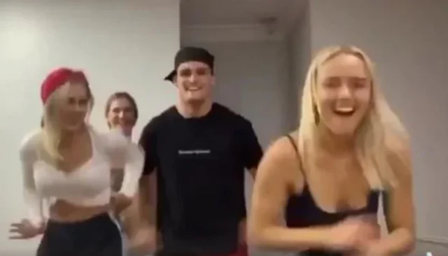 Nathan Cleary with three girls in a Tik Tok video