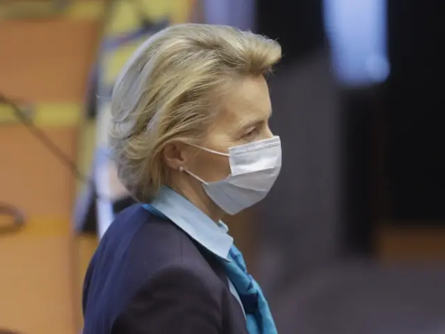 European Commission President Ursula von der Leyen wears a mask during a plenary session of the European Parliament