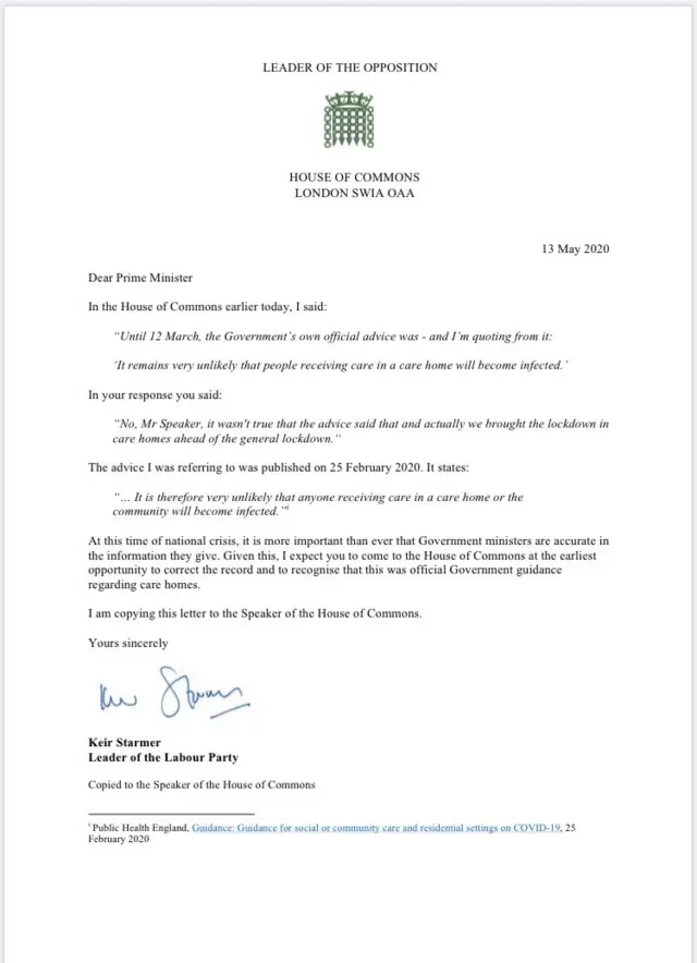 Sir Keir Starmer's letter to PM Boris Johnson