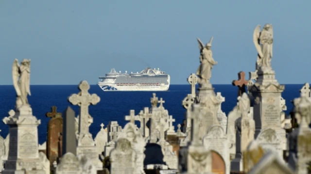 Ruby Princess cruise ship seen between grave stones at a Sydney cemeter