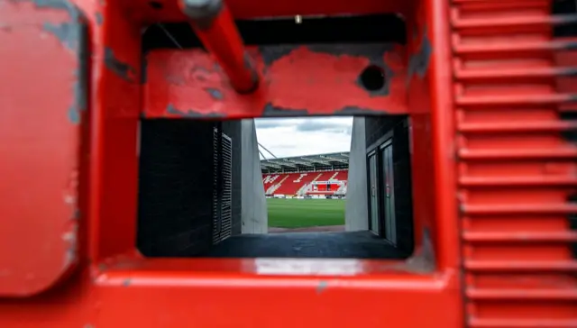 A view through a locked gate at the AESSEAL New York Stadium, Rotherham