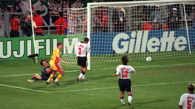 Dan Petrescu scores against England for Romania