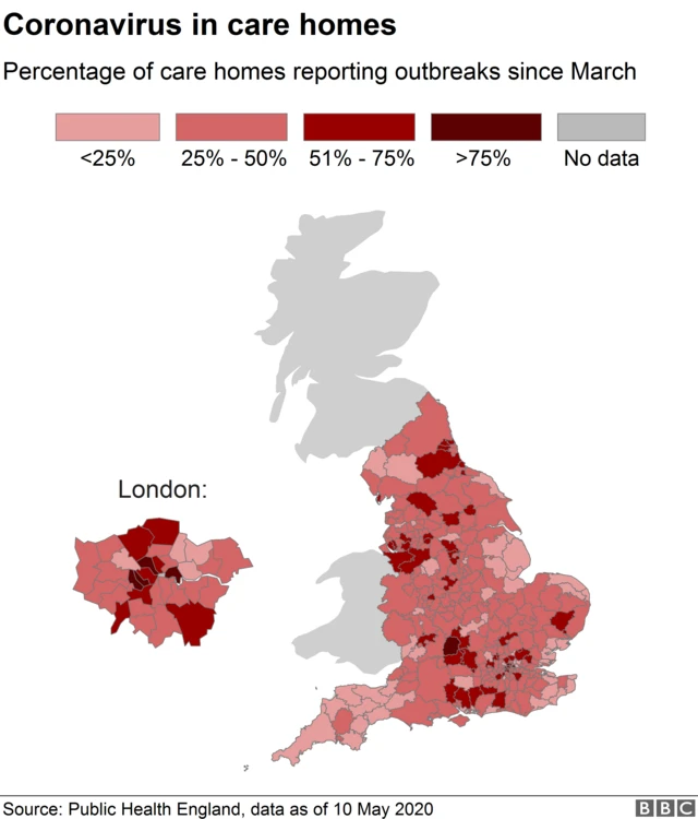 Map showing percentage of care homes with coronavirus outbreaks