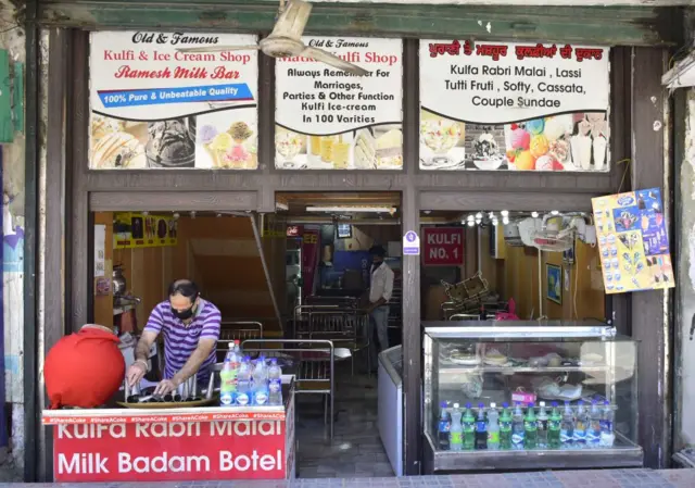 A shop selling ice cream and milk products open after relaxations in lockdown restrictions, at Hall Bazar, on 15 May 2020 in Amritsar, India