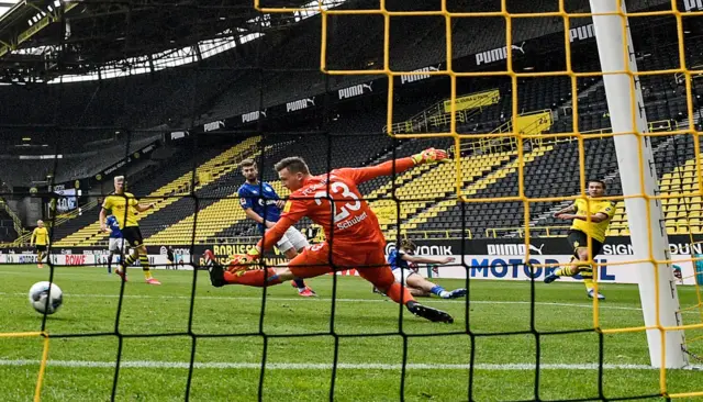 Raphael Guerreiro scores for Borussia Dortmund against Schalke