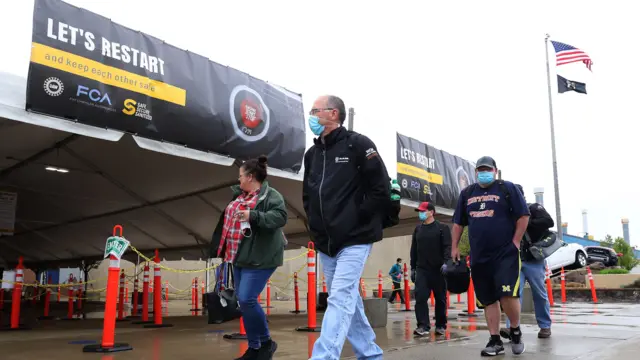 Workers at the Fiat Chrysler plant in Michigan after returning to work