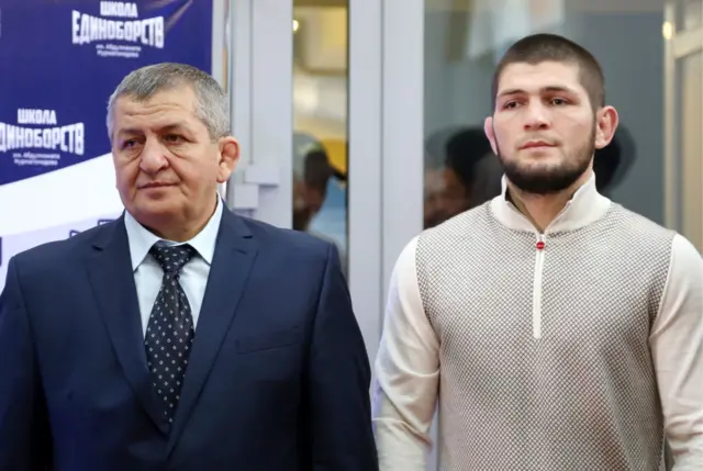 Khabib Nurmagomedov (r) and father and coach Abdulmanap Nurmagomedov (l)