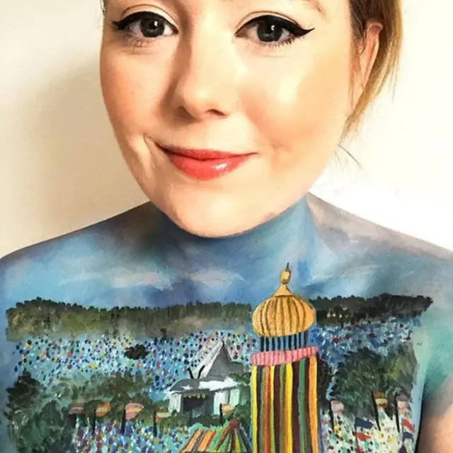 Lisa Davies with a picture painted on her chest