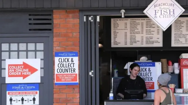 Social distancing signs outside a cafe