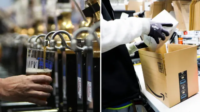 A pint being poured to a box being packed