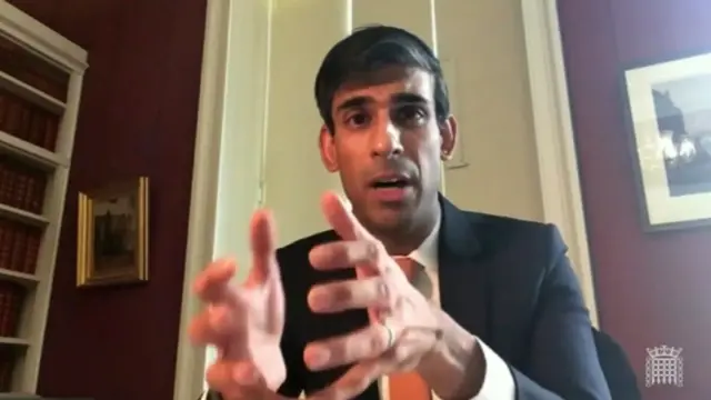 A video grab from footage broadcast by the UK Parliament's ParliamChancellor of the Exchequer Rishi Sunak giving evidence to an online remote session of a Parliamentary House of Lords Economic Affairs Committee on 19 May 2020