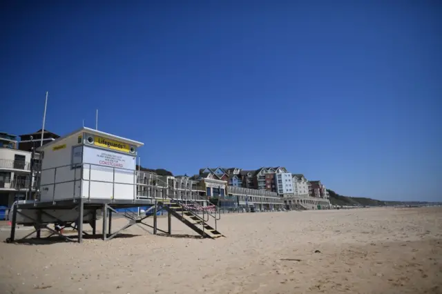 A closed lifeguard station is seen on Boscombe beach in Bournemouth, southern England, on May 6, 2020