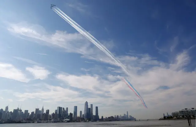 The US Navy Blue Angels, The Royal Air Force Red Arrows and the USAF Thunderbirds fly up the Hudson River in New York City