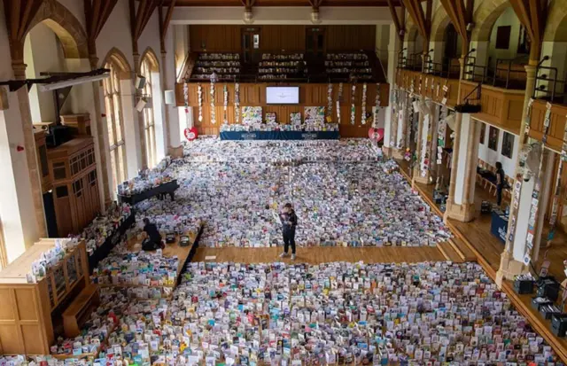 Captain Tom's birthday cards fill an entire school hall