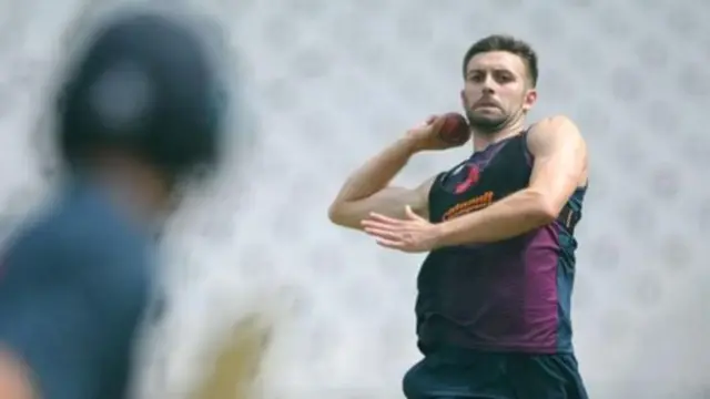 England bowler Mark Wood bowls in a training session