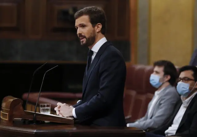 Pablo Casado delivers a speech during a session in the Spanish Parliament