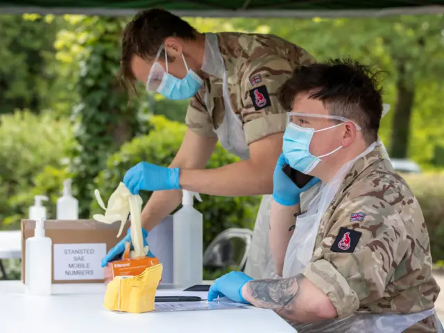 Soldiers operating a coronavirus testing site