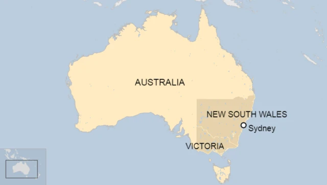 Map of Australia with New South Wales and Victoria and Sydney identified