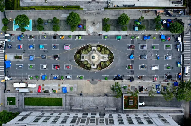 An aerial view of San Francisco's first temporary sanctioned tent encampment for the homeless on May 18, 2020 in San Francisco, California.