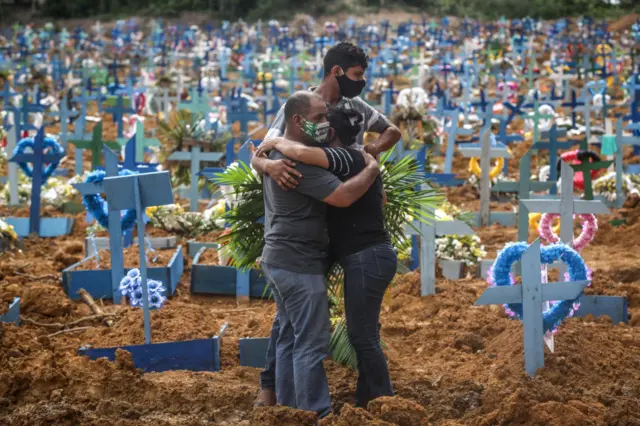 Relatives of a deceased person wearing protective masks mourn during a mass burial of coronavirus (COVID-19) pandemic victims at the Parque Taruma cemetery on May 19, 2020 in Manaus, Brazil