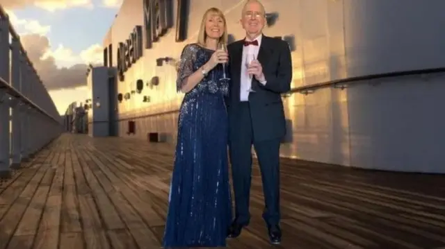 Barbara and Ed Higgins in a mocked up picture of them on a cruise