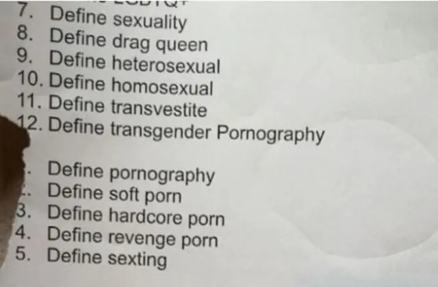 Homework sheet of sex terms