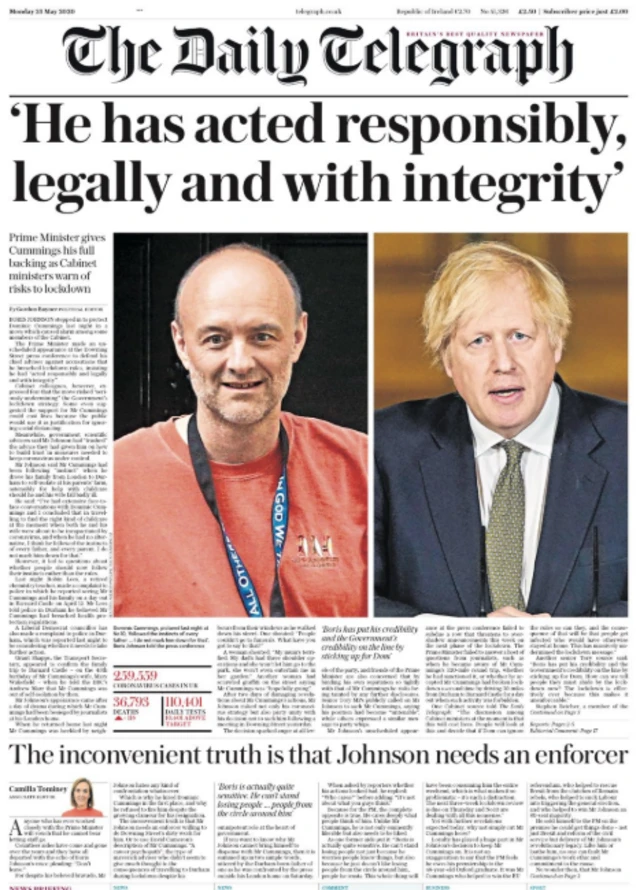 Front page of the Daily Telegraph on 25 May 2020