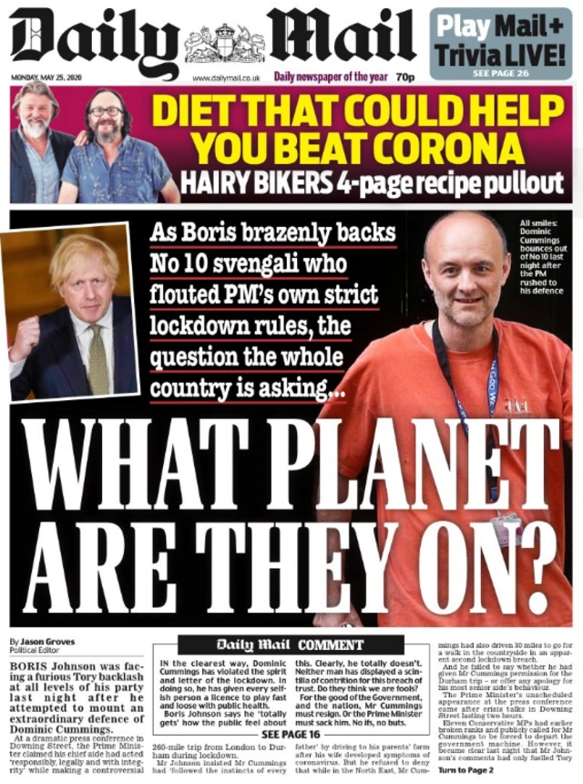 Front page of the Daily Mail on newspaper on 25 May 2020