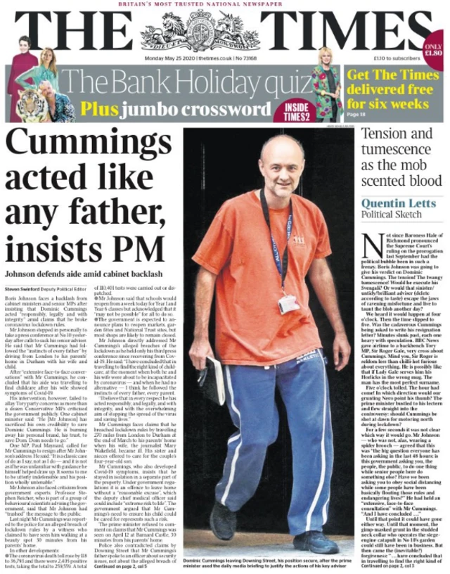 Front page of the Times on 25 May 2020