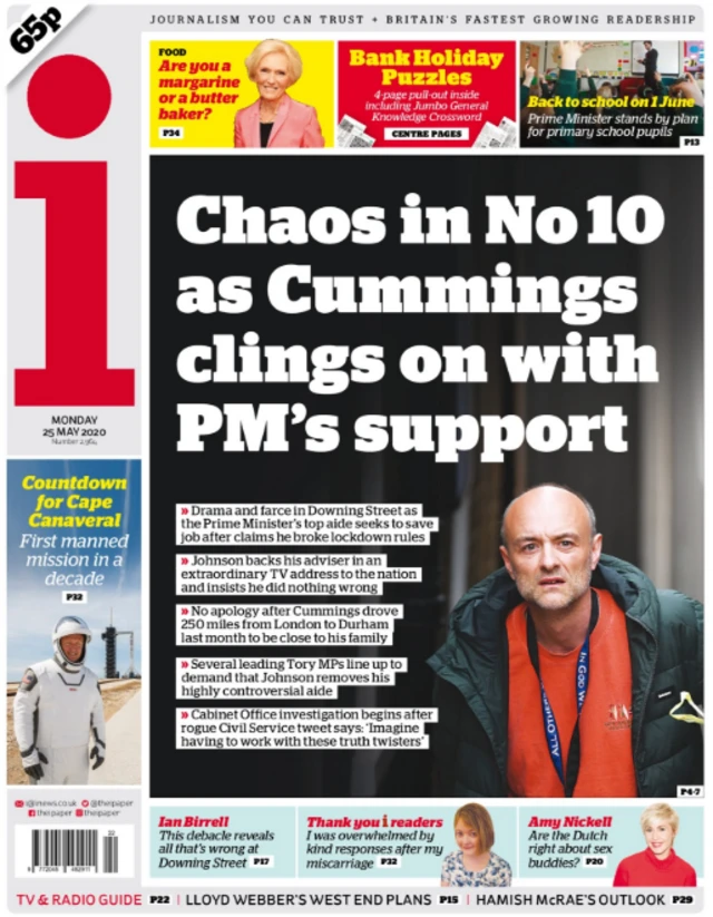 Front page of the i newspaper on 25 May 2020