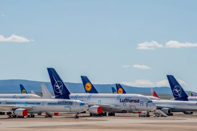 Airbus A380 and A340 passenger aircraft operated by Lufthansa at Teruel Airport in Teruel, Spain